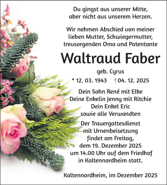 Traueranzeige von Waltraud Faber von Südthüringer Presse