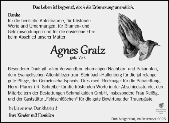 Traueranzeige von Agnes Gratz von Südthüringer Presse
