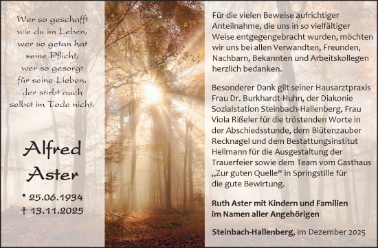 Traueranzeige von Alfred Aster von Südthüringer Presse
