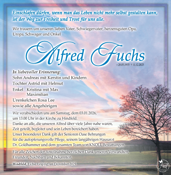 Traueranzeige von Alfred Fuchs von Südthüringer Presse