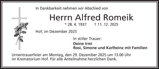 Traueranzeige von Alfred Romeik von Frankenpost