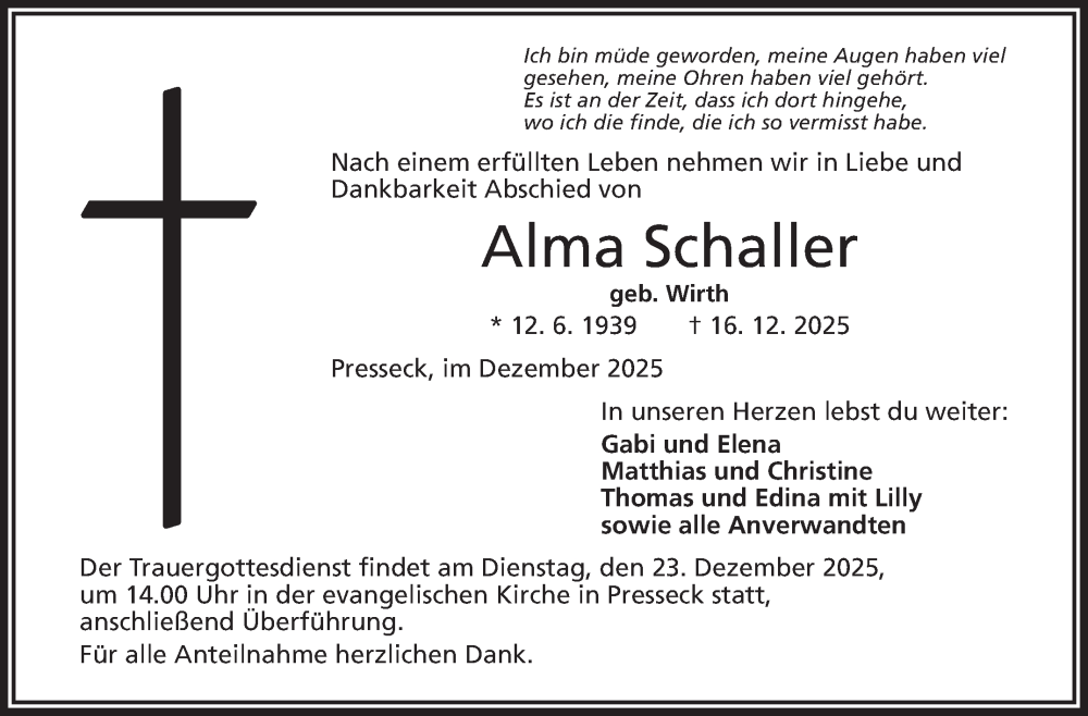  Traueranzeige für Alma Schaller vom 20.12.2025 aus Frankenpost