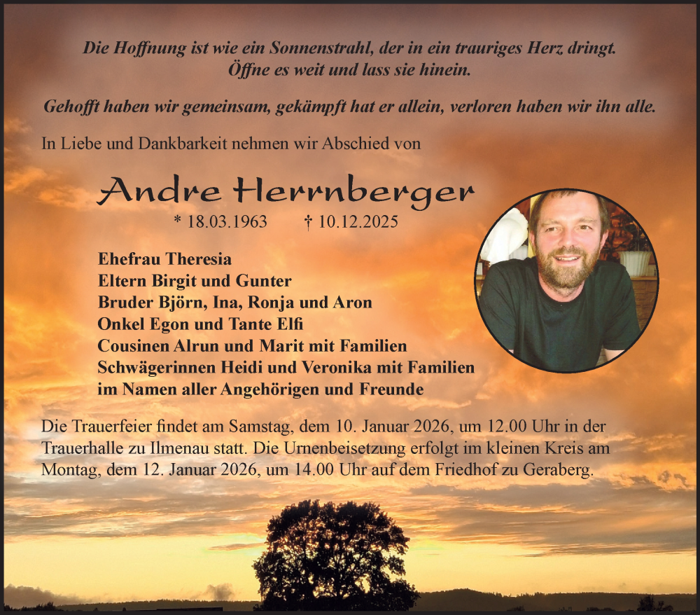  Traueranzeige für Andre Herrnberger vom 20.12.2025 aus Südthüringer Presse