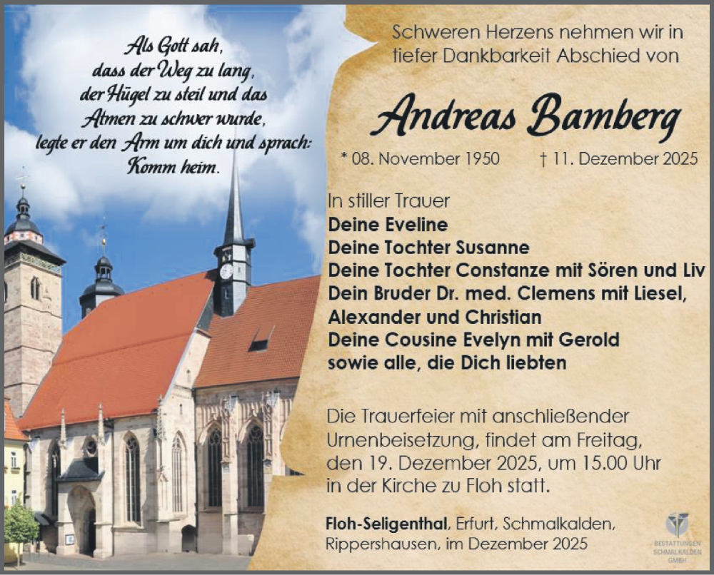  Traueranzeige für Andreas Bamberg vom 13.12.2025 aus Südthüringer Presse
