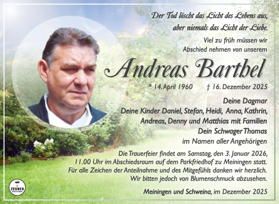 Traueranzeige von Andreas Barthel von Südthüringer Presse