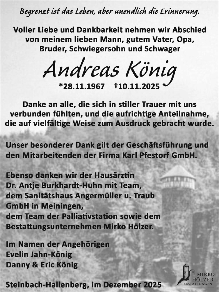  Traueranzeige für Andreas König vom 06.12.2025 aus Südthüringer Presse