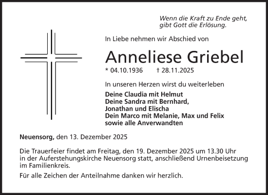Traueranzeige von Anneliese Griebel von Neue Presse Coburg