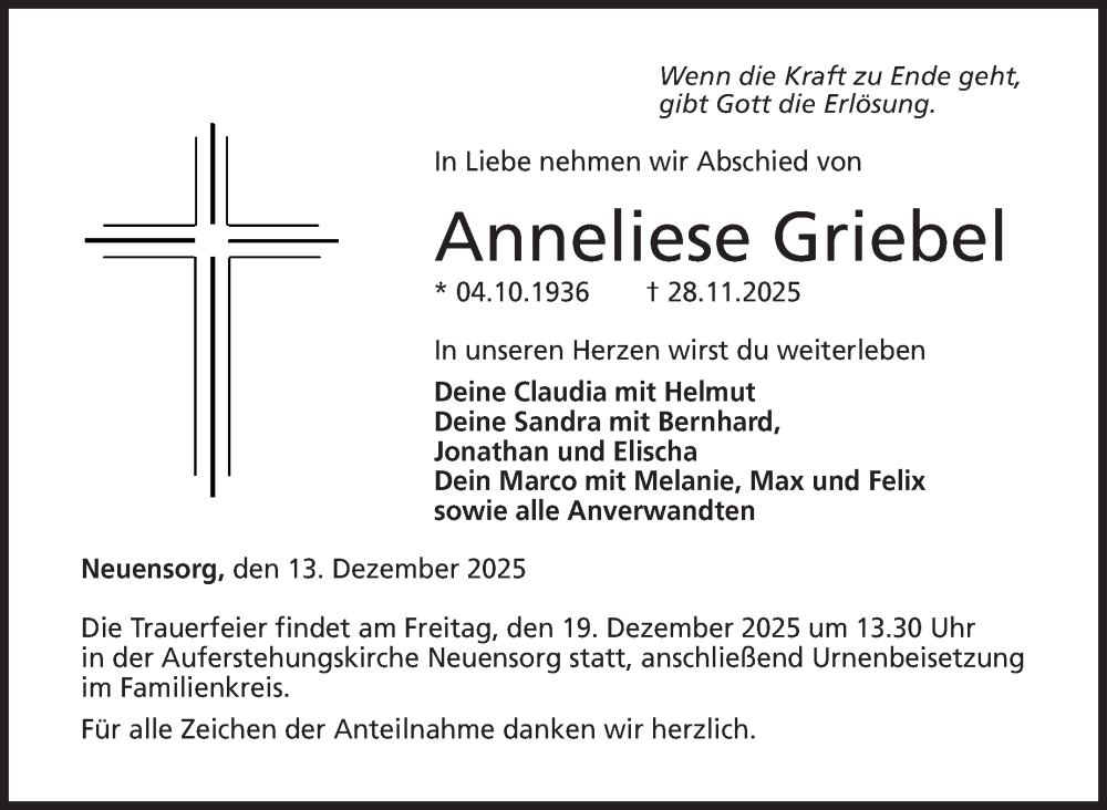  Traueranzeige für Anneliese Griebel vom 13.12.2025 aus Neue Presse Coburg