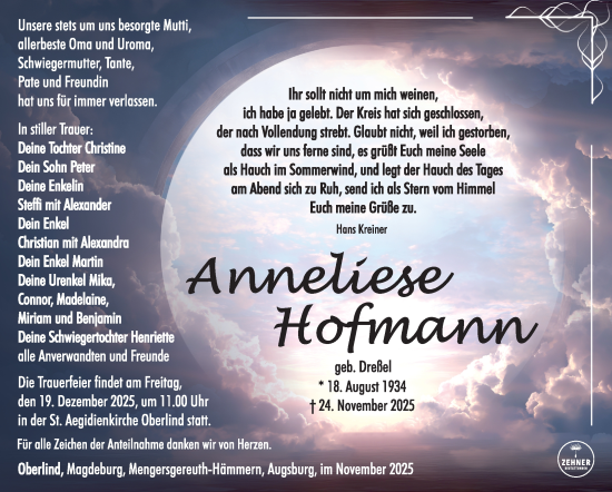 Traueranzeige von Anneliese Hofmann von Südthüringer Presse