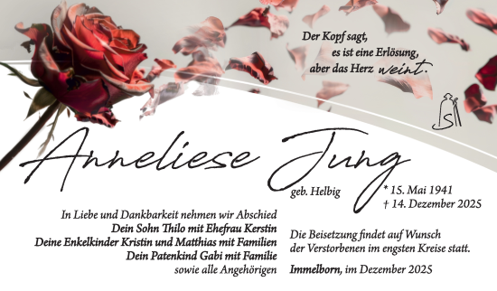Traueranzeige von Anneliese Jung von Südthüringer Presse