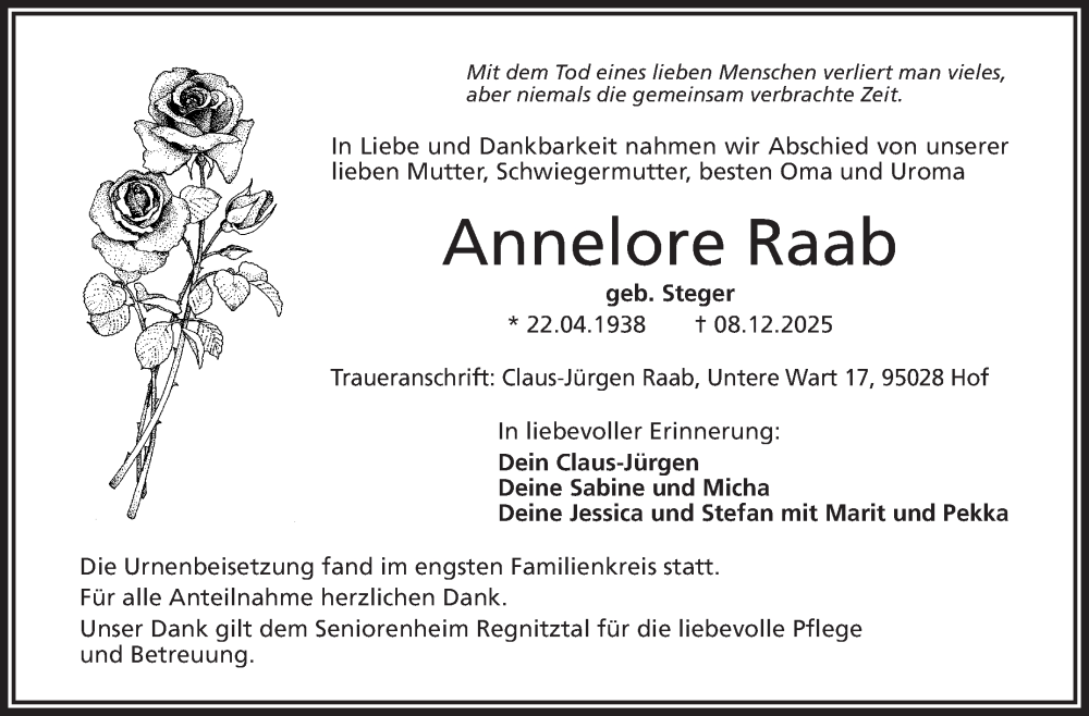 Traueranzeige für Annelore Raab vom 20.12.2025 aus Frankenpost