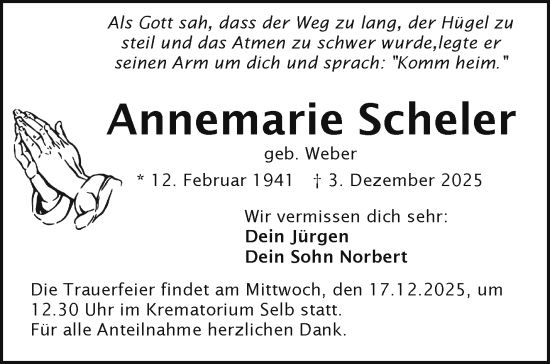 Traueranzeige von Annemarie Scheler von Frankenpost