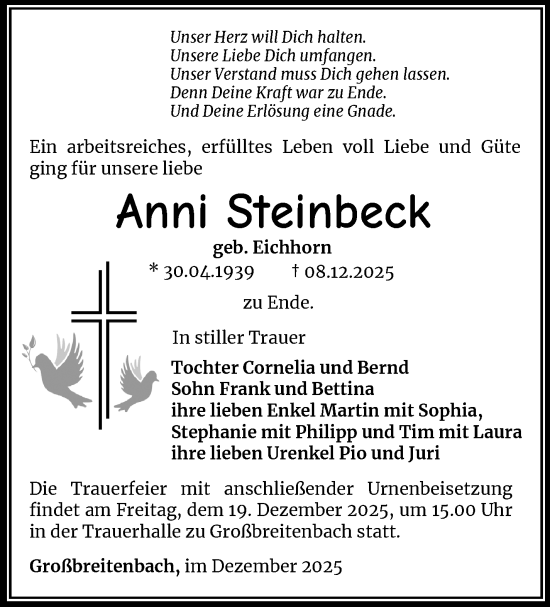 Traueranzeige von Anni Steinbeck von Südthüringer Presse