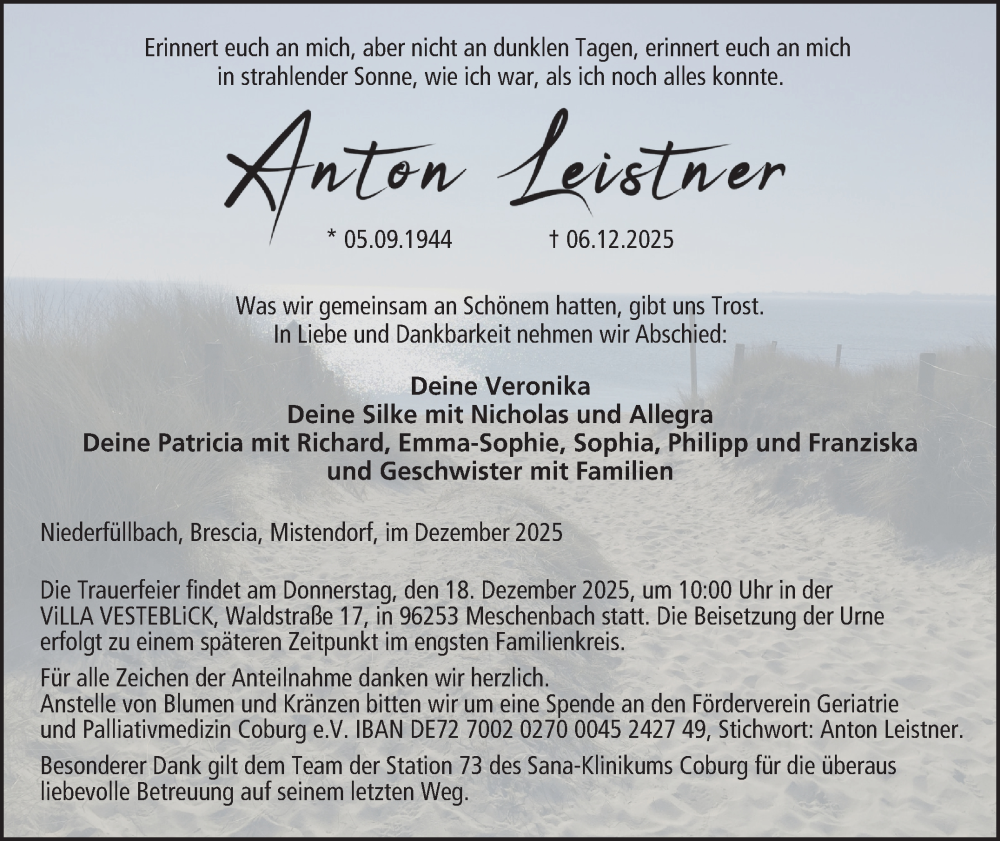  Traueranzeige für Anton Leistner vom 13.12.2025 aus Neue Presse Coburg