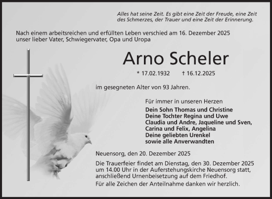 Traueranzeige von Arno Scheler von Neue Presse Coburg