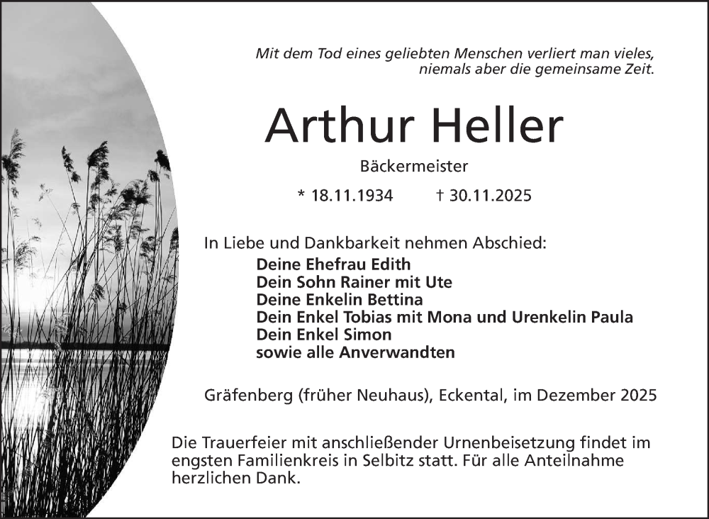  Traueranzeige für Arthur Heller vom 11.12.2025 aus Frankenpost