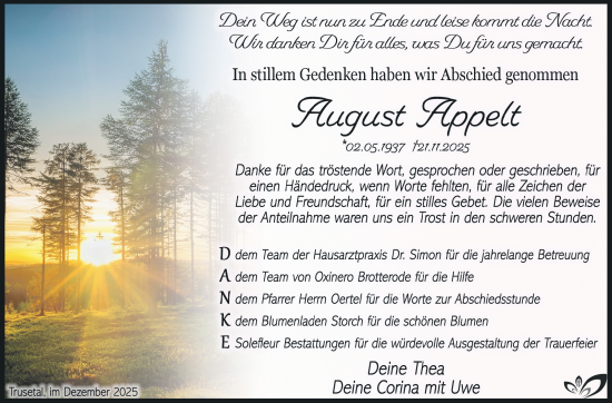 Traueranzeige von August Appelt von Südthüringer Presse