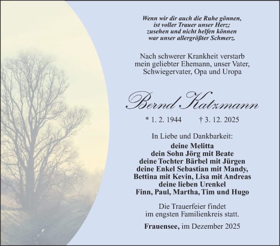 Traueranzeige von Bernd Katzmann von Südthüringer Presse