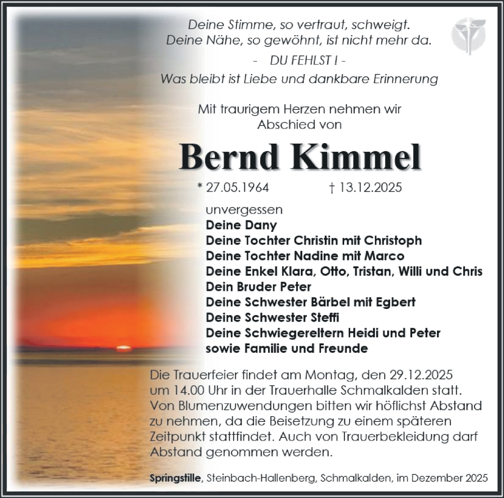  Traueranzeige für Bernd Kimmel vom 20.12.2025 aus Südthüringer Presse