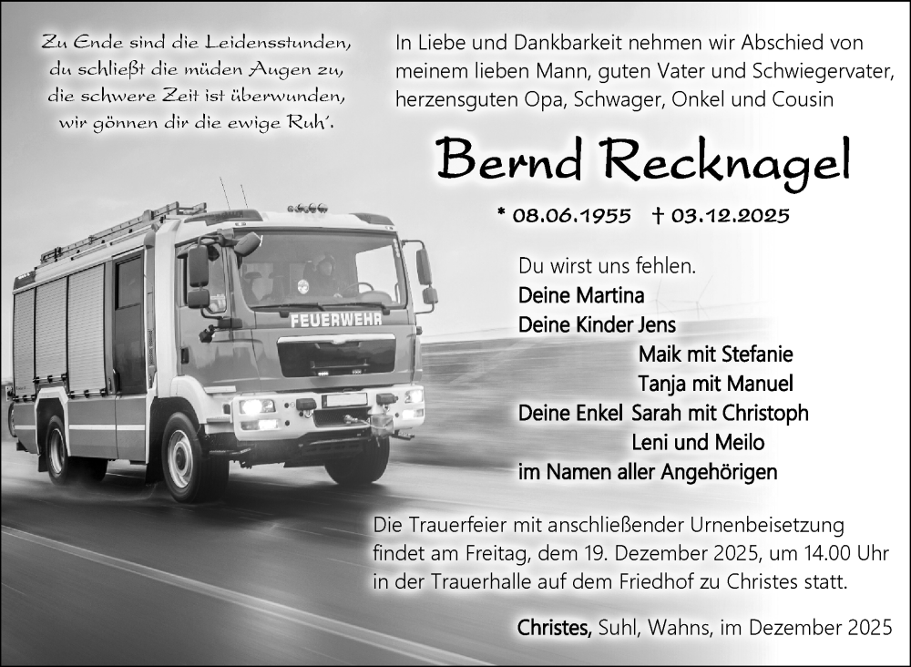  Traueranzeige für Bernd Recknagel vom 13.12.2025 aus Südthüringer Presse