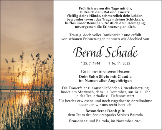 Traueranzeige von Bernd Schade von Südthüringer Presse
