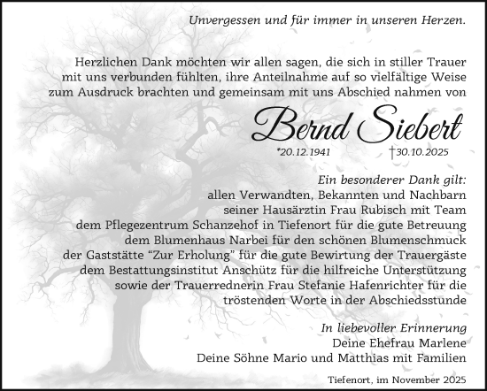 Traueranzeige von Bernd Siebert von Südthüringer Presse