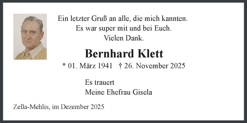  Traueranzeige für Bernhard Klett vom 13.12.2025 aus Südthüringer Presse