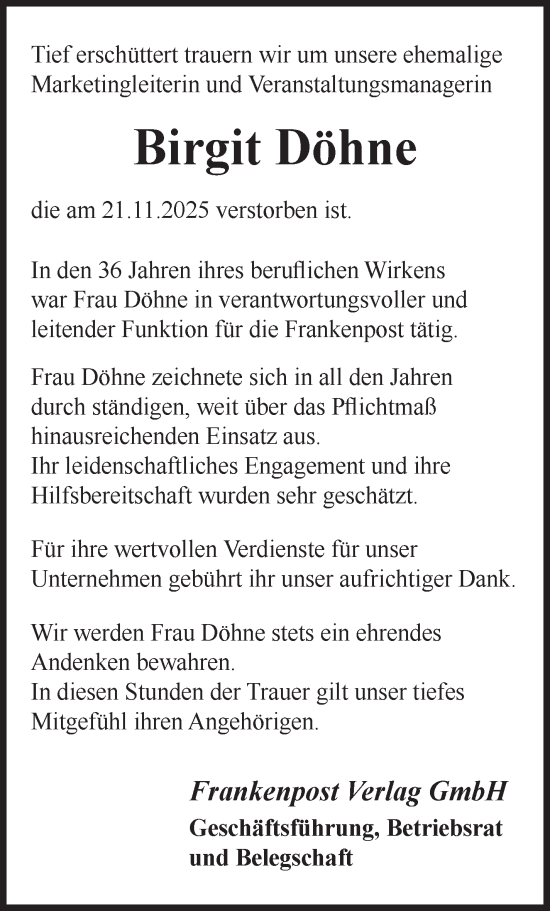 Traueranzeige von Birgit Döhne von Frankenpost