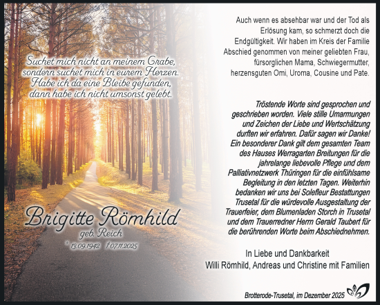 Traueranzeige von Brigitte Römhild von Südthüringer Presse