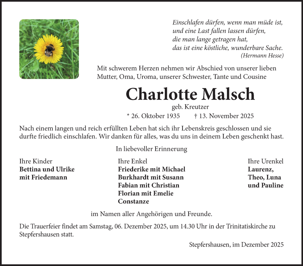  Traueranzeige für Charlotte Malsch vom 03.12.2025 aus Südthüringer Presse