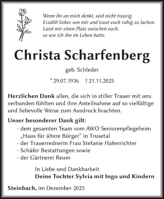 Traueranzeige von Christa Scharfenberg von Südthüringer Presse