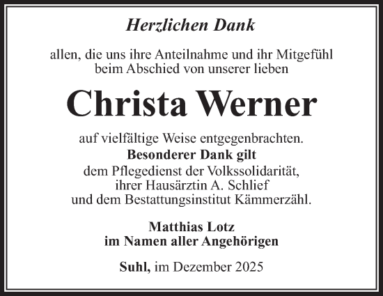 Traueranzeige von Christa Werner von Südthüringer Presse