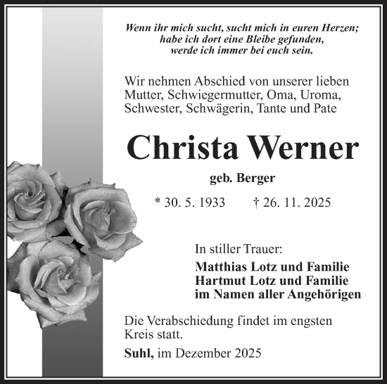 Traueranzeige von Christa Werner von Südthüringer Presse