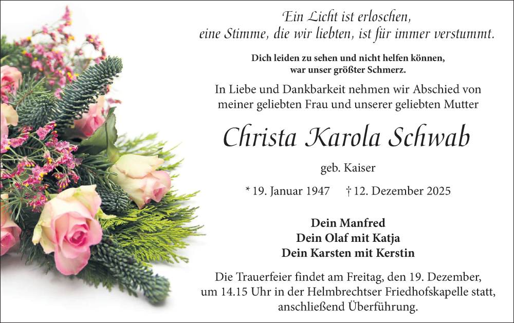  Traueranzeige für Christa Karola Schwab vom 16.12.2025 aus Frankenpost