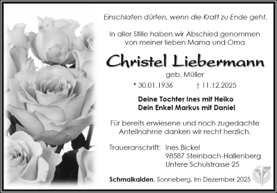 Traueranzeige von Christel Liebermann von Südthüringer Presse