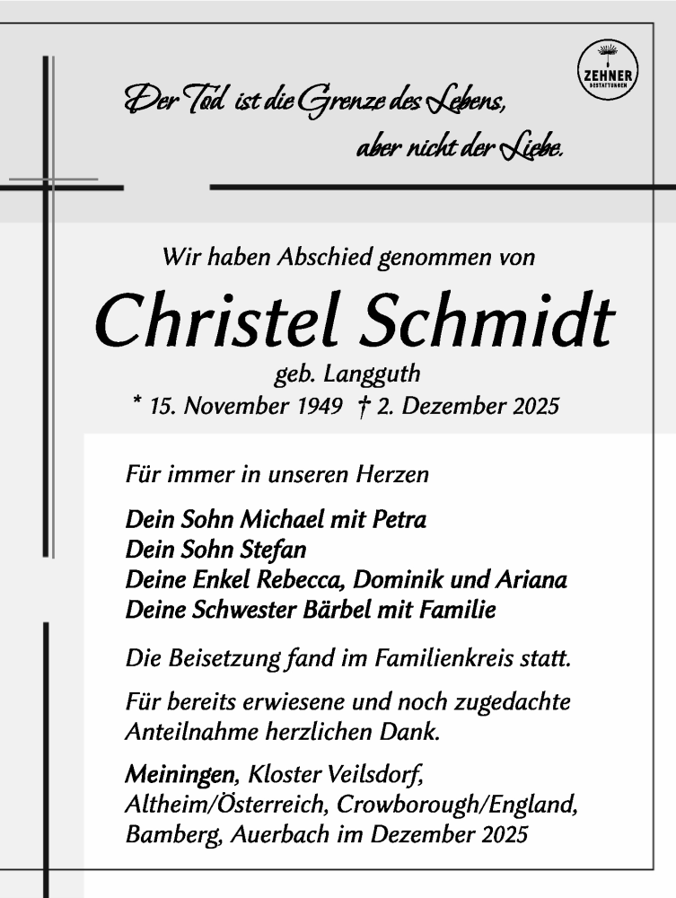  Traueranzeige für Christel Schmidt vom 20.12.2025 aus Südthüringer Presse