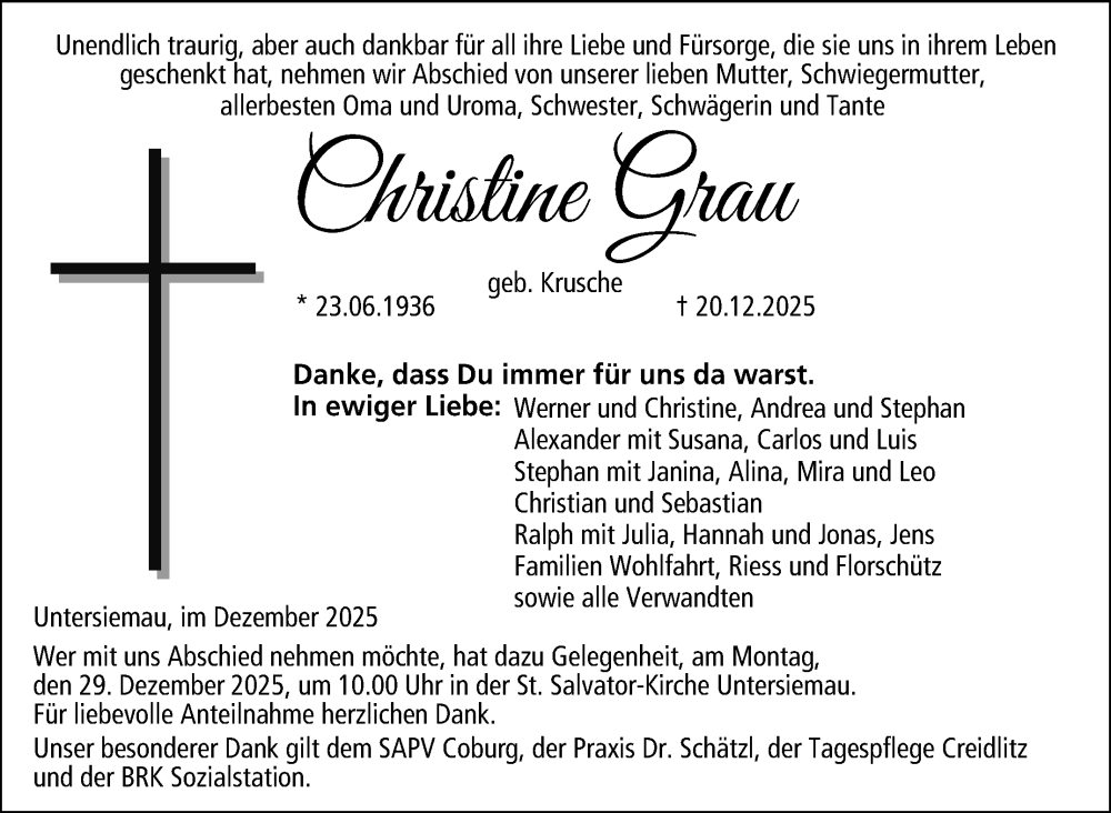  Traueranzeige für Christine Grau vom 24.12.2025 aus Neue Presse Coburg