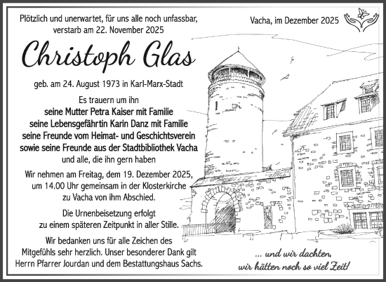 Traueranzeige von Christoph Glas von Südthüringer Presse