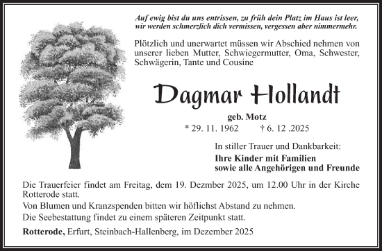 Traueranzeige von Dagmar Hollandt von Südthüringer Presse