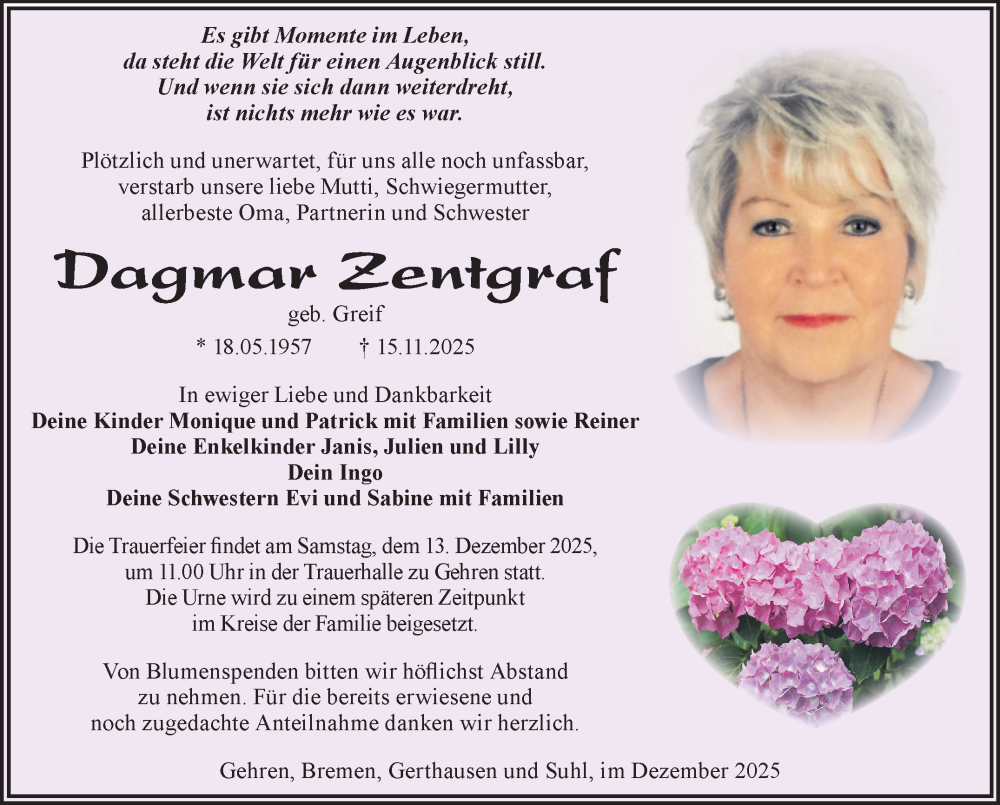  Traueranzeige für Dagmar Zentgraf vom 06.12.2025 aus Südthüringer Presse