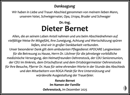 Traueranzeige von Dieter Bernet von Südthüringer Presse