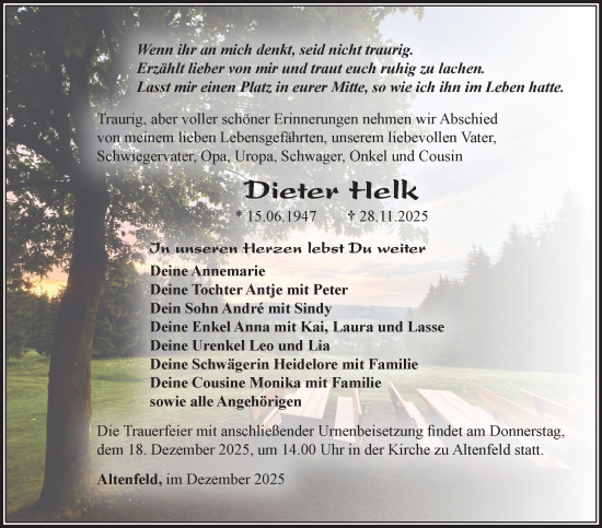 Traueranzeige von Dieter Helk von Südthüringer Presse