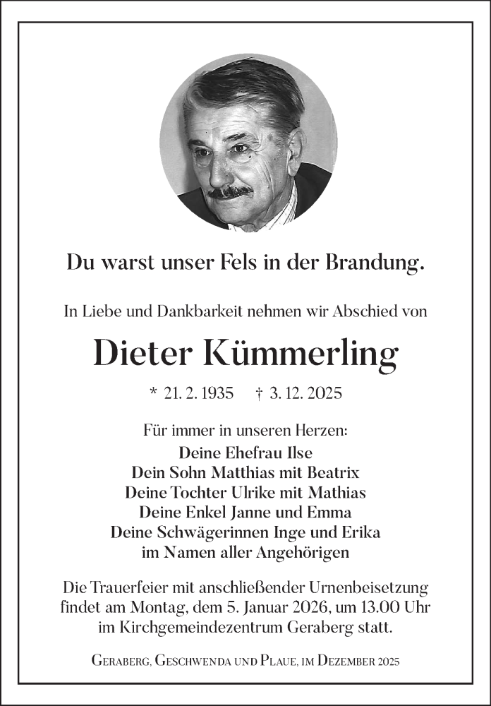  Traueranzeige für Dieter Kümmerling vom 20.12.2025 aus Südthüringer Presse