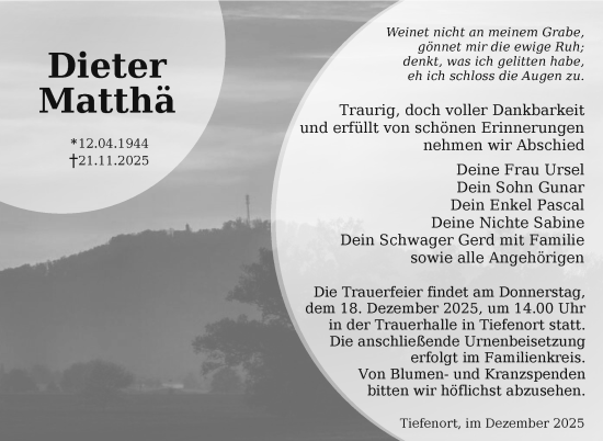 Traueranzeige von Dieter Matthä von Südthüringer Presse