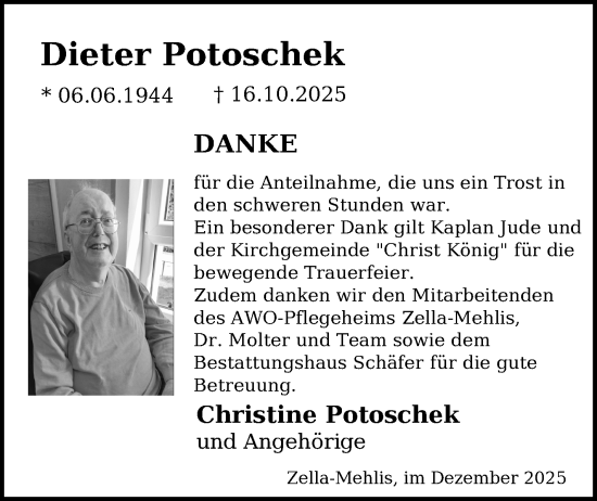 Traueranzeige von Dieter Potoschek von Südthüringer Presse