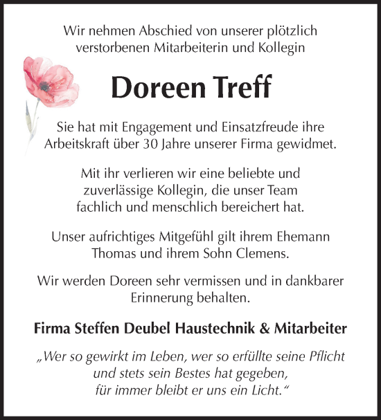 Traueranzeige von Doreen Treff von Südthüringer Presse