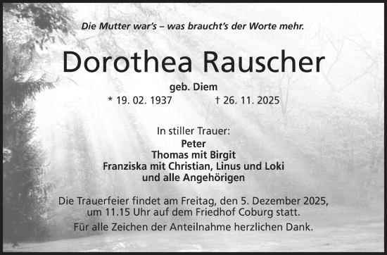 Traueranzeige von Dorothea Rauscher von Neue Presse Coburg