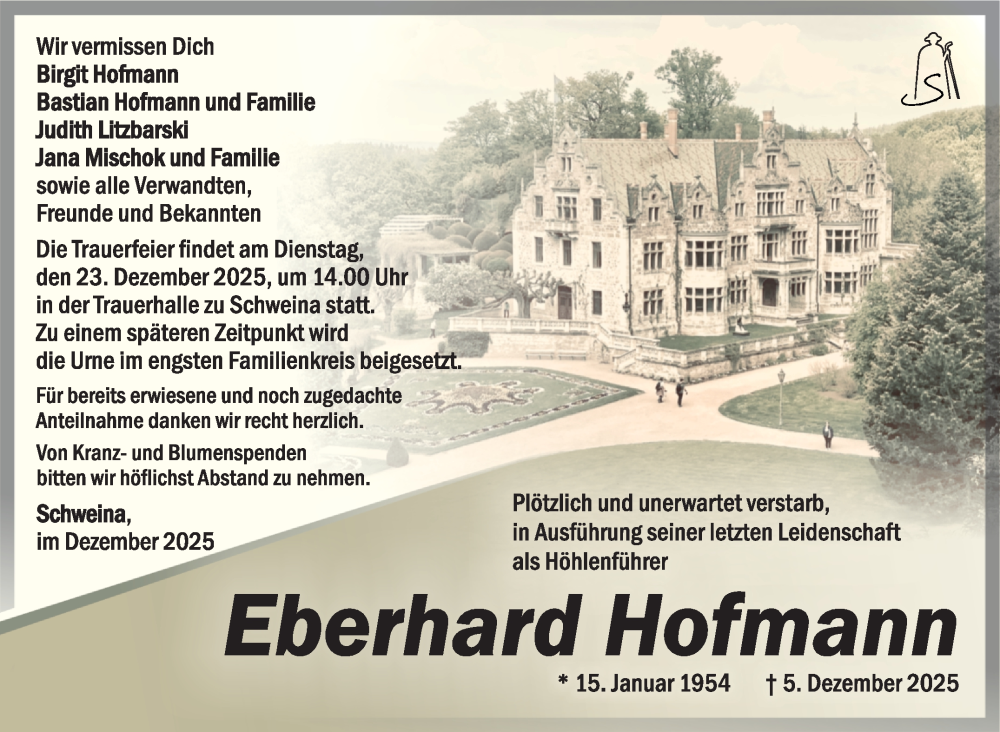  Traueranzeige für Eberhard Hofmann vom 17.12.2025 aus Südthüringer Presse