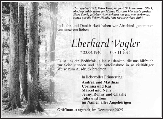 Traueranzeige von Eberhard Vogler von Südthüringer Presse