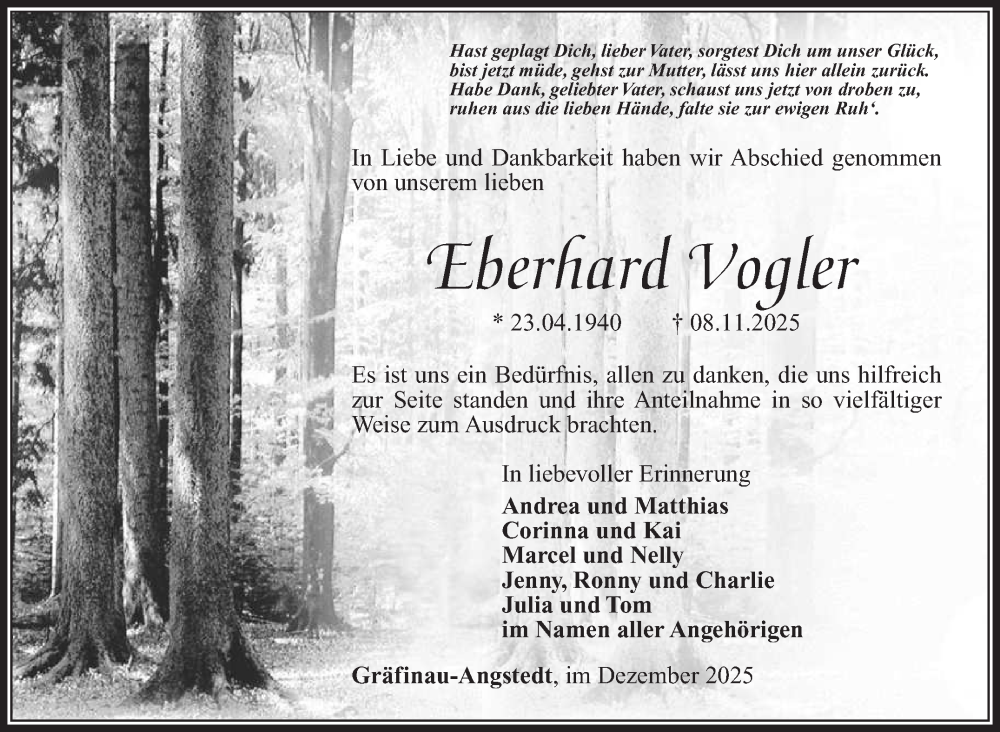  Traueranzeige für Eberhard Vogler vom 06.12.2025 aus Südthüringer Presse